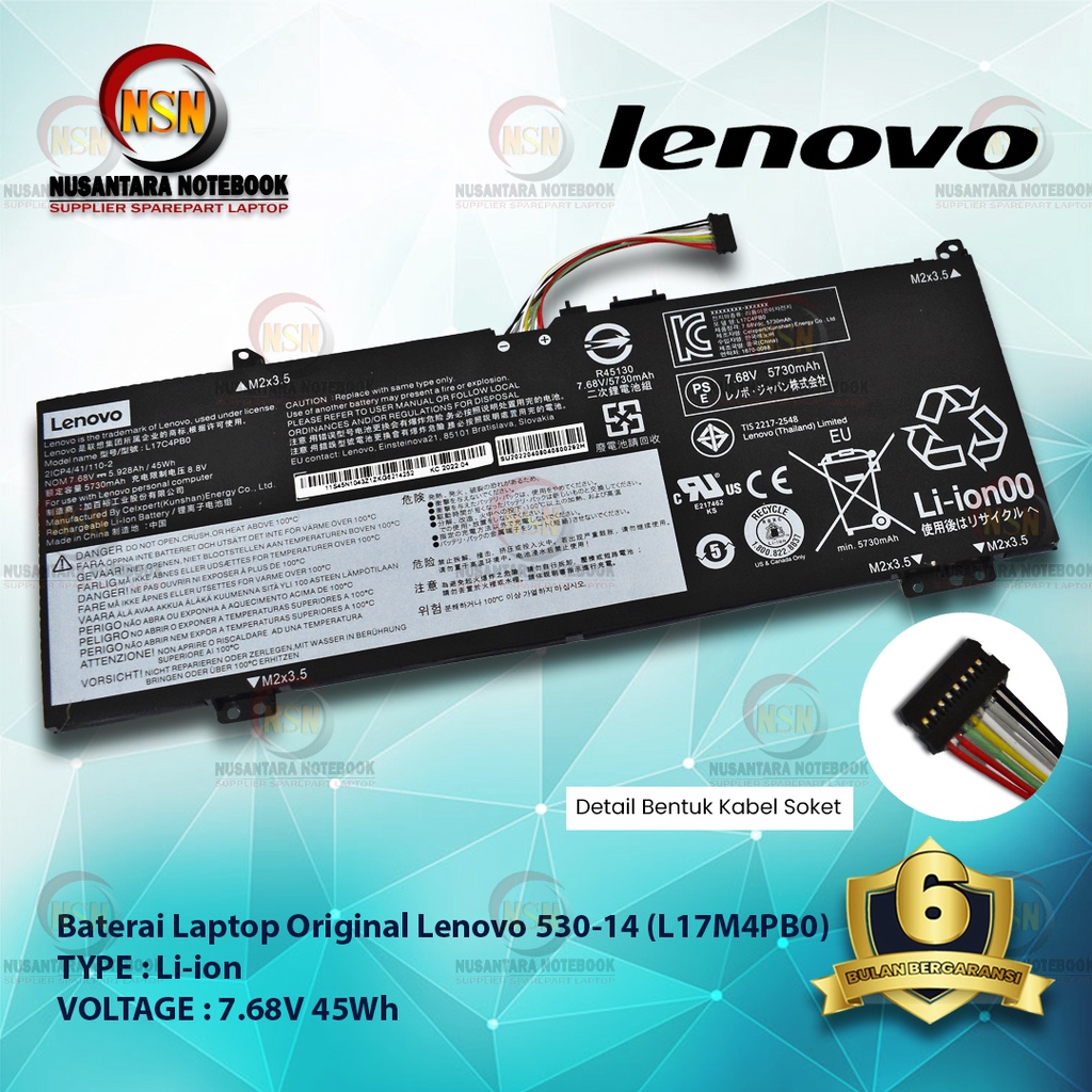 Baterai Original Laptop Lenovo For 530-14 (L17M4PB0) 7.68V 45Wh