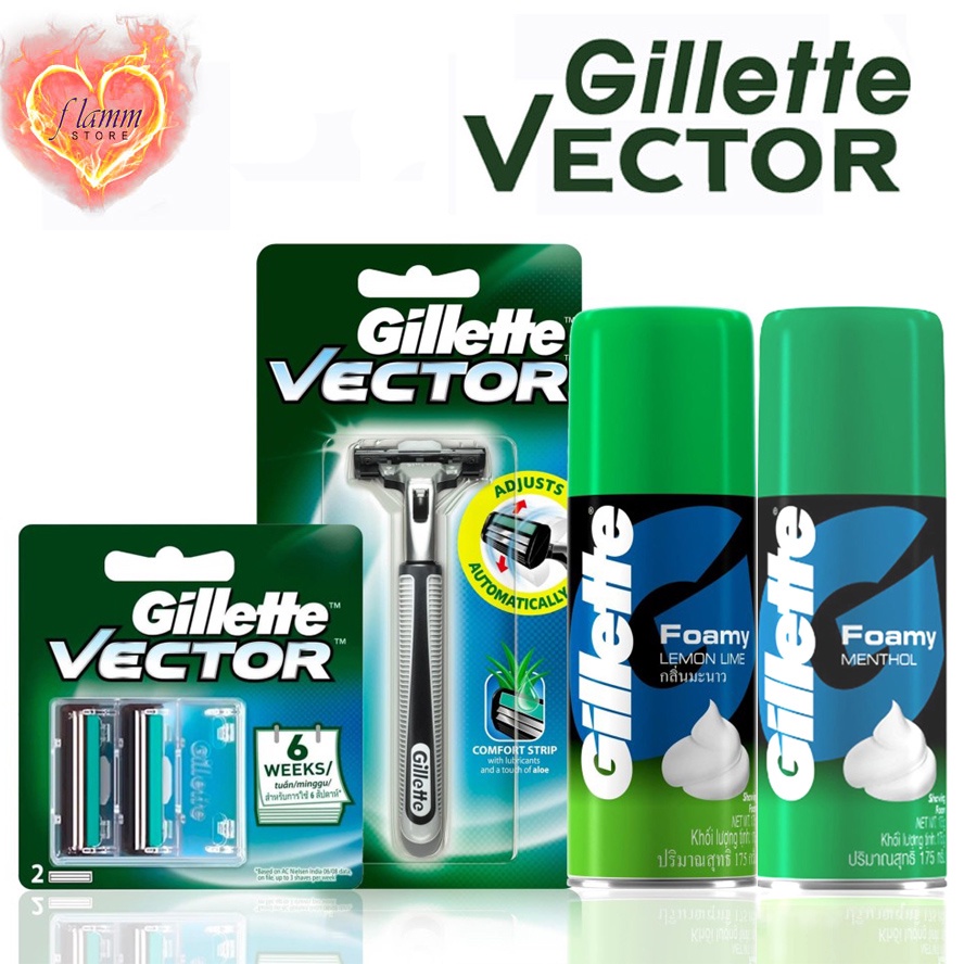 Gillette Vector Alat Cukur Razor Pisau Cukur isi ulang refill, FOAMY MENTHOL 175 gr, FOAMY LEMON LIM