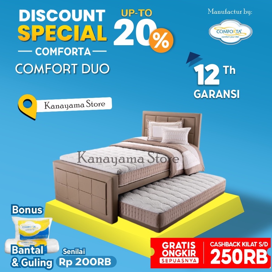 Comforta Spring Bed Comfort Duo sorong 2in1 Full Set 120 / 100 / 90 - 90X200, tanpa sandaran