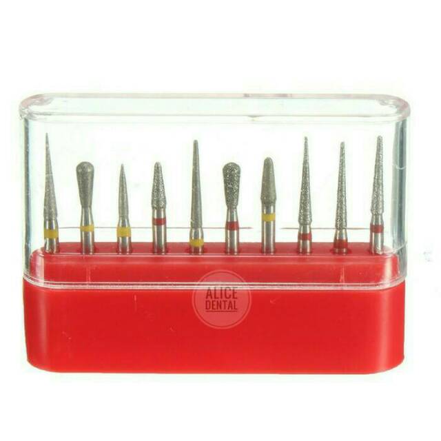 Alice dental bur set diamond high speed burs gigi merah kuning highspeed bentuk pear pir fissure