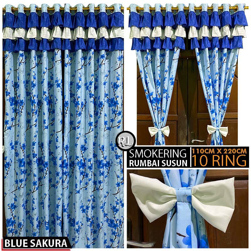 SALE gorden smokering/tirai jendela dan pintu motif BLUE SAKURA
