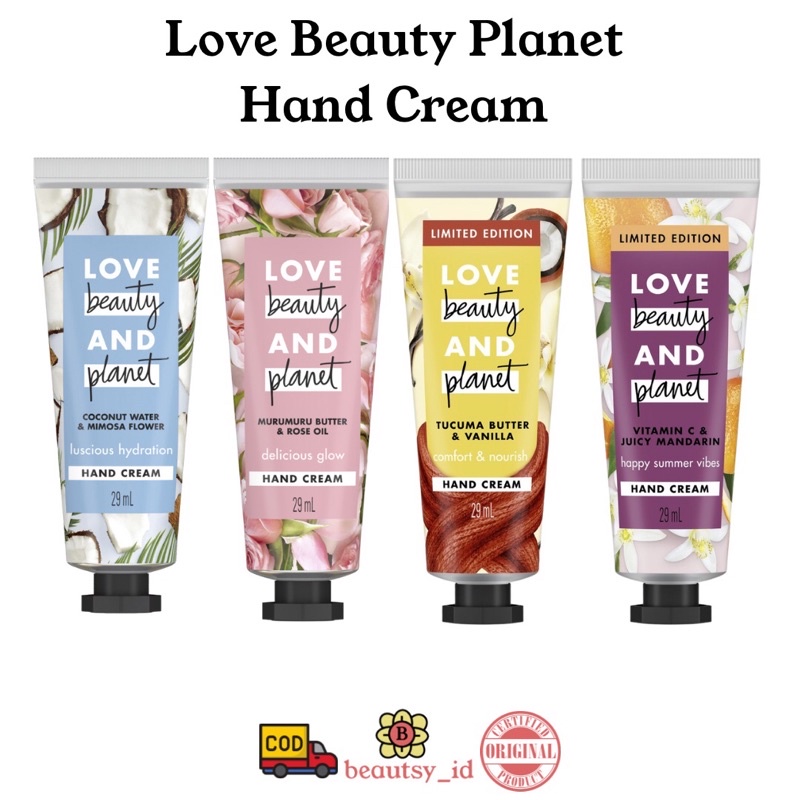 Love Beauty and Planet Hand Cream 29 ml - LBP Delicious Glow Rose Murumuru , Luscious Hydration Coconut , Tucuma Vanilla Butter, Vitamin Vit C Mandarin HandCream Lotion Tangan  ORIGINAL COD