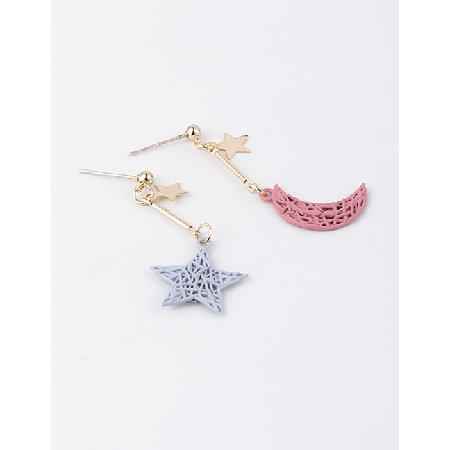 LRC Anting Tusuk Fashion Color Openwork Woven Texture Stars Moon Earrings D99683