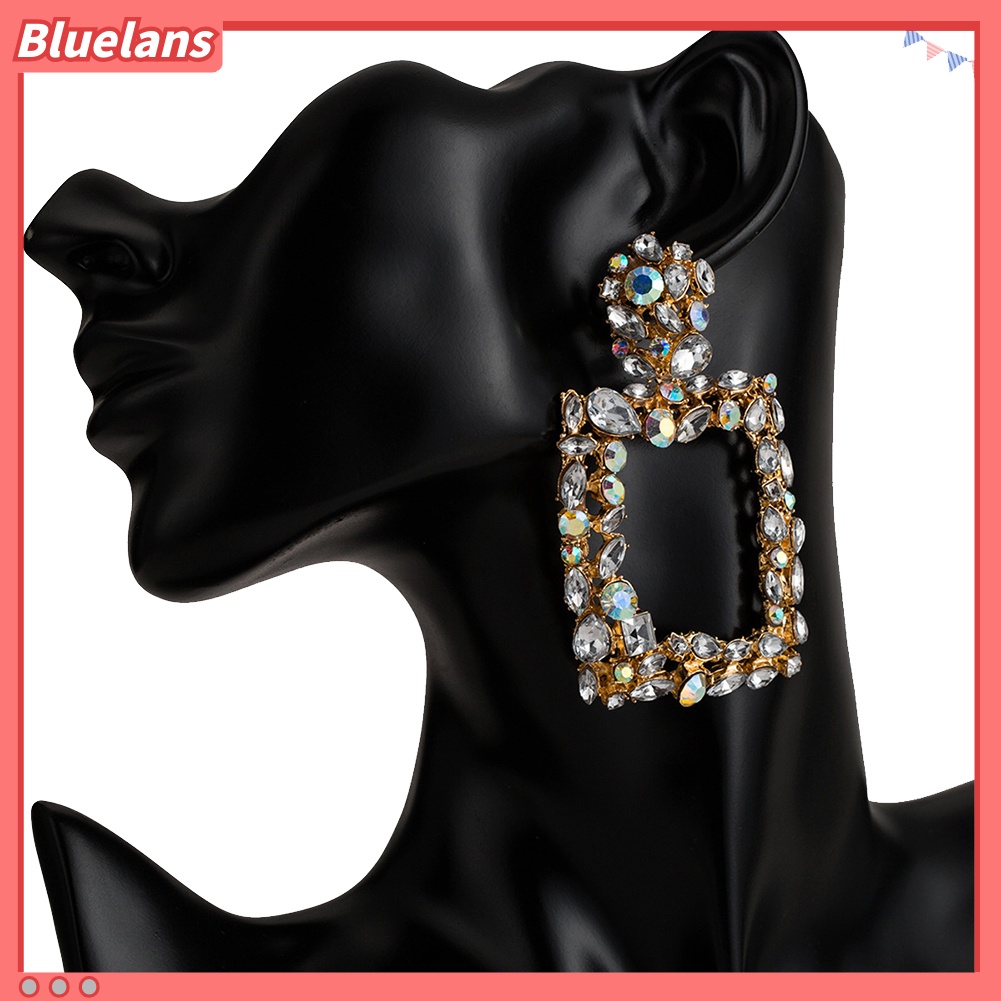 Bluelans Bohemia Women Colorful Rhinestone Hollow Square Charm Statement Stud Earrings