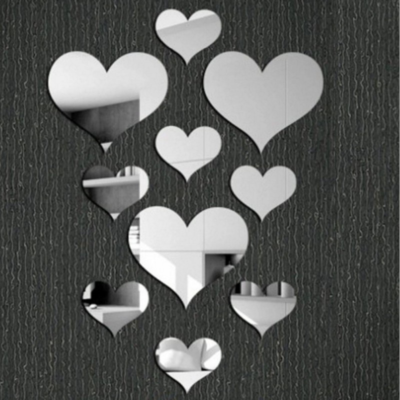 10Pcs/Set Home 3D Acrylic Mirror Love Hearts Wall Sticker / DIY Simple Decal Removable Paster Decor