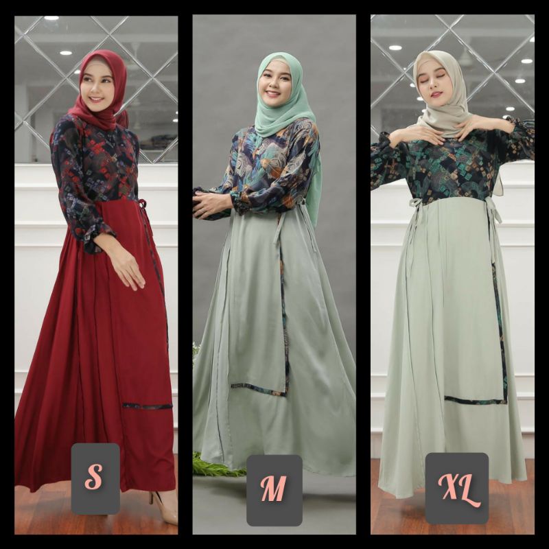 Eiraa dress by Nadheera luxury gamis motif warna maroon dan hijau matcha size S M XL katun rayon