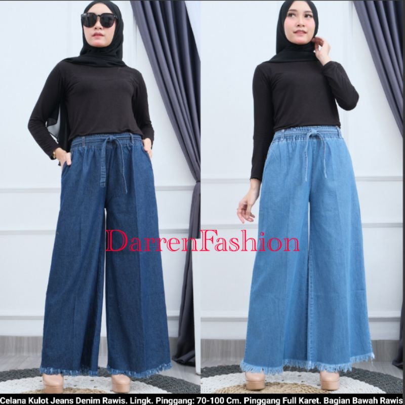 Celana Panjang Kulot Jeans Denim Rawis Wanita