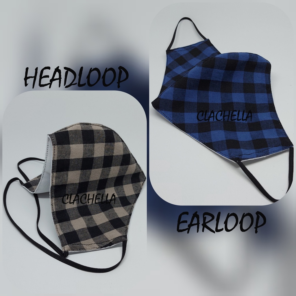 Clachella Masker Kain 3 Lapis Motif Kotak, Masker Headloop &amp; Earloop