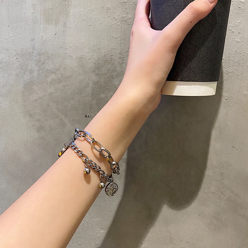 Titanium baja double-layer koin gelang wanita online influencer in dingin gaya hip hop pasang keren