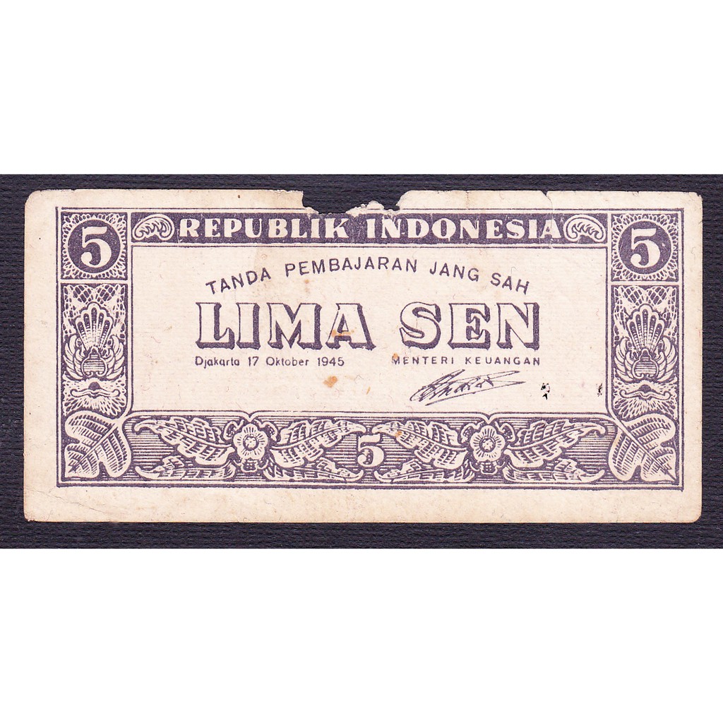 Uang Kertas Indonesia 5 Sen Oeang Republik Indonesia 1945 VG Cuil Atas