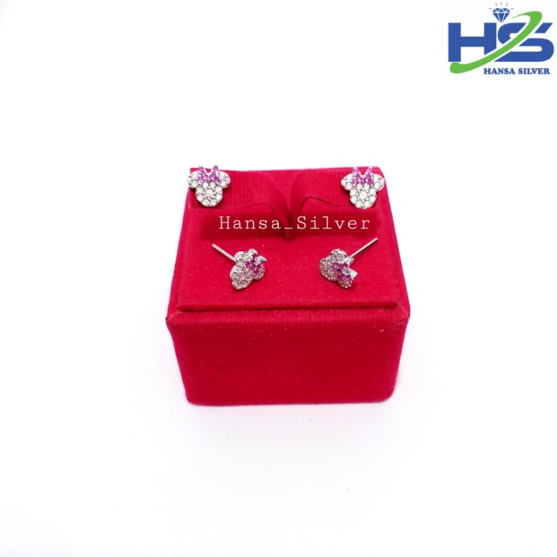 Anting Giwang Perak Anak Asli Silver 925 Lapis Emas Putih Model Mickey Mouse Permata Merah Putih