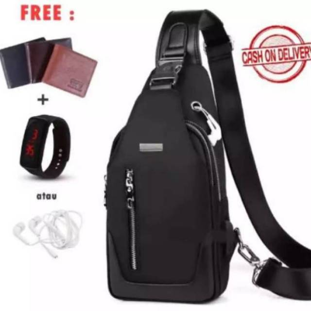 Tas Selempang Pria Murah Anti Air - Leo Bag Hitam, Navy dan Abu bonus Dompet + Jam Tangan LED/Headset