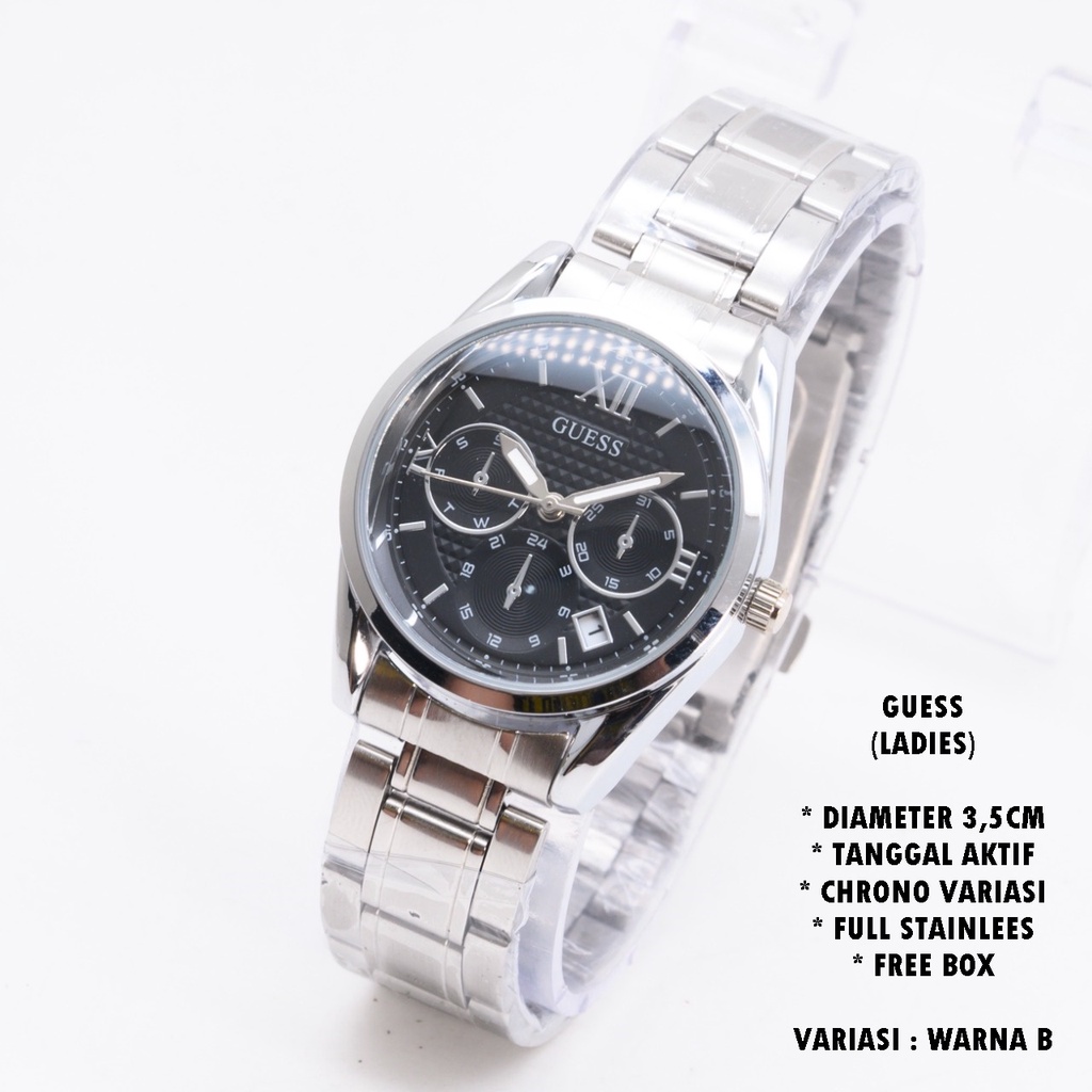 (FREE BOX) JAM TANGAN WANITA GUESS RANTAI BODY BULAT TANGGAL AKTIF