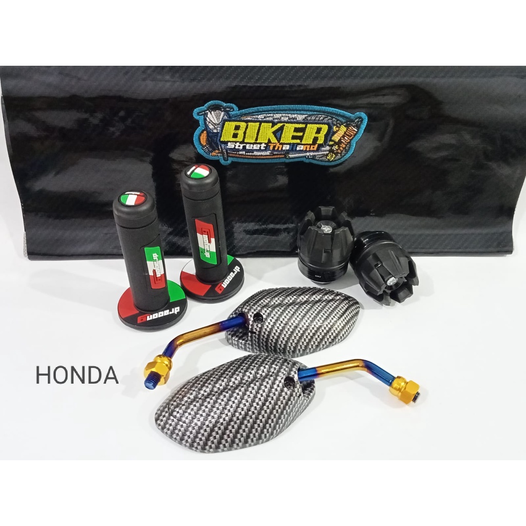 Paket hemat 4 item Kulit jok karbon hitam+grip dragon nine+spion mini karbon twotone+as roda hitam_Universal Honda/Yamaha