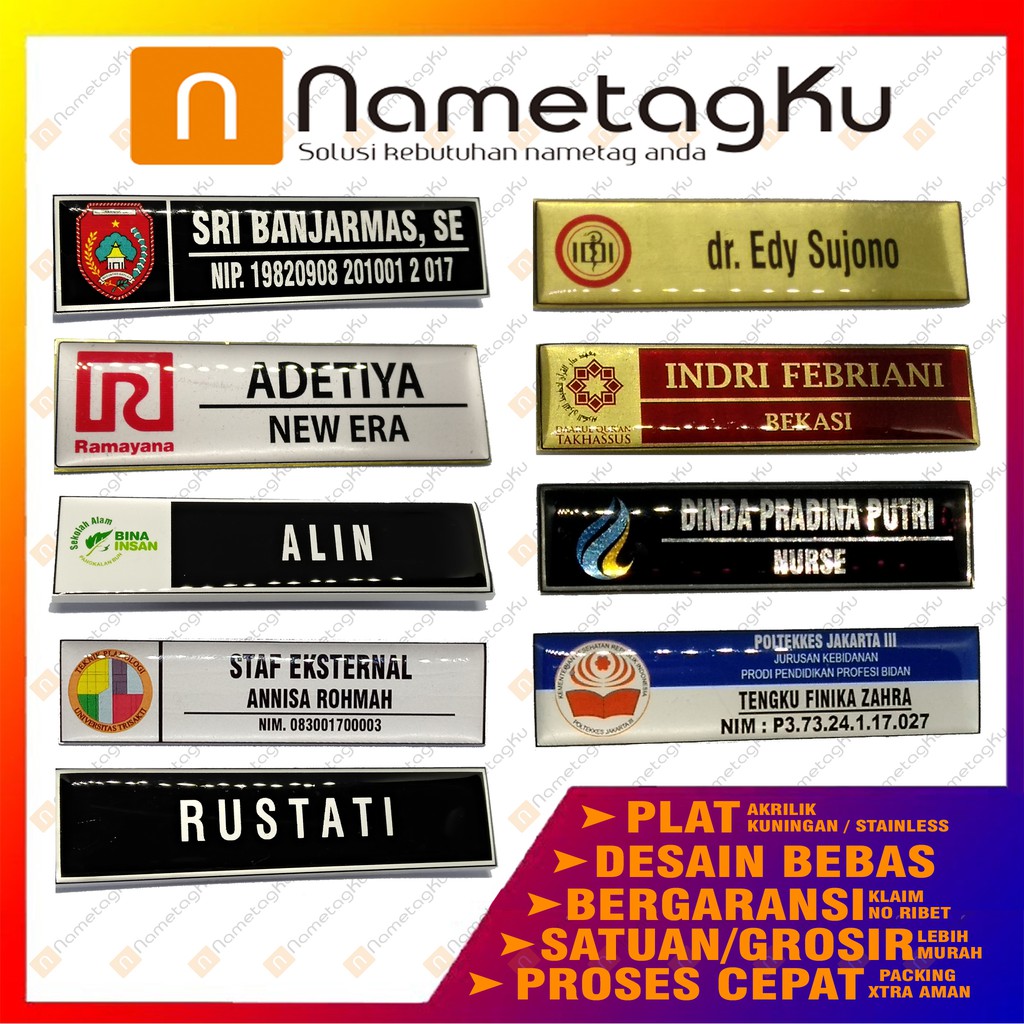 

Nametag /Nama Dada /Akrilik-Kuningan-Stainless-Peniti-Magnet