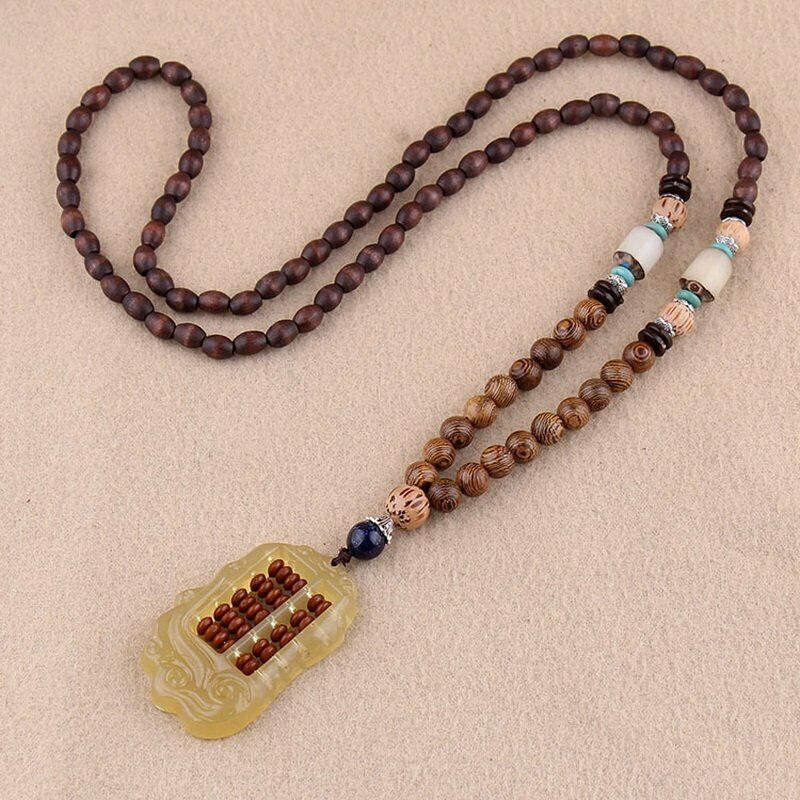 Kalung Rantai Klavikula Panjang Liontin Manik-Manik Kayu Mala Buddha Handmade Gaya Vintage Etnik Untuk Unisex