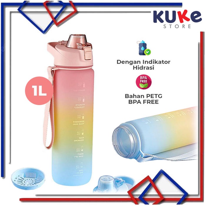KUKE Botol Minum Tumbler Olahraga Sport Unik 1L FREE Stiker 2D+3D / Botol Motivasi 1000ML / Botol Pe