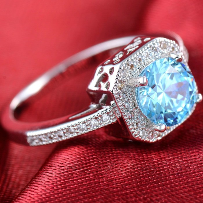Cincin Premium Mewah Berlian Replika Batu Biru Lapis Emas Putih - BR102