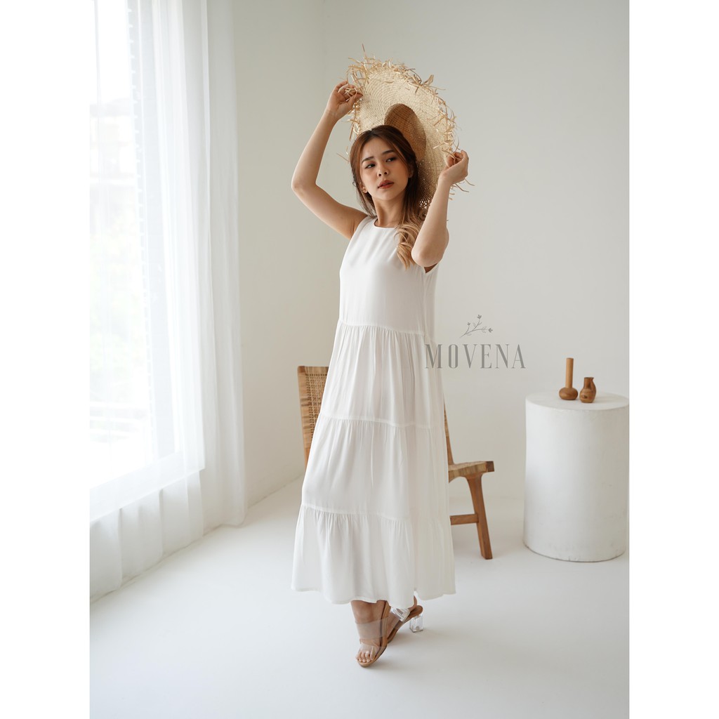 Heidy Flowy Dress / Maxi Dress / Midi Dress Sleeveless Rayon-White