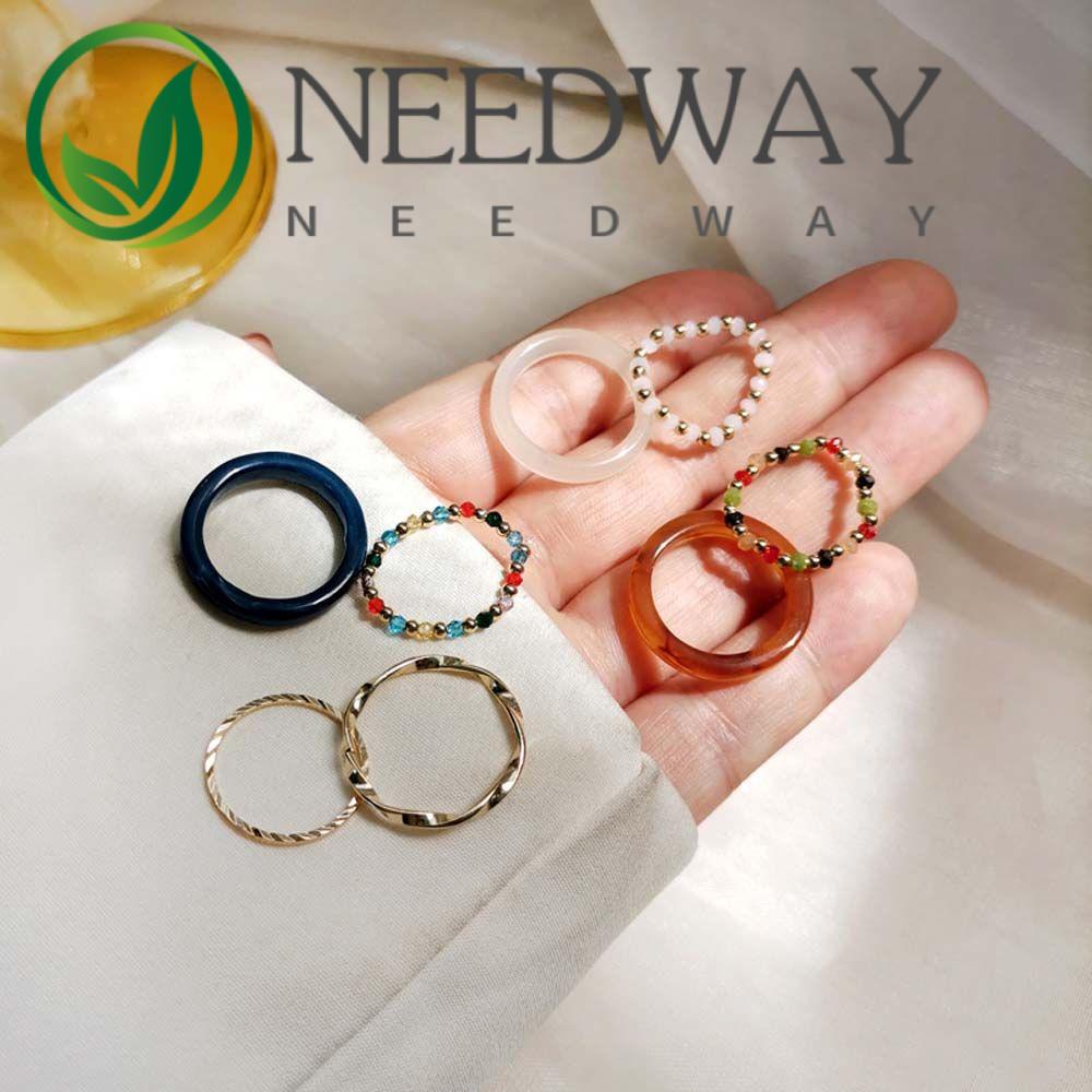 4pcs / set Cincin Manik-Manik Resin Geometris Warna-Warni Gaya Retro Korea Untuk Wanita