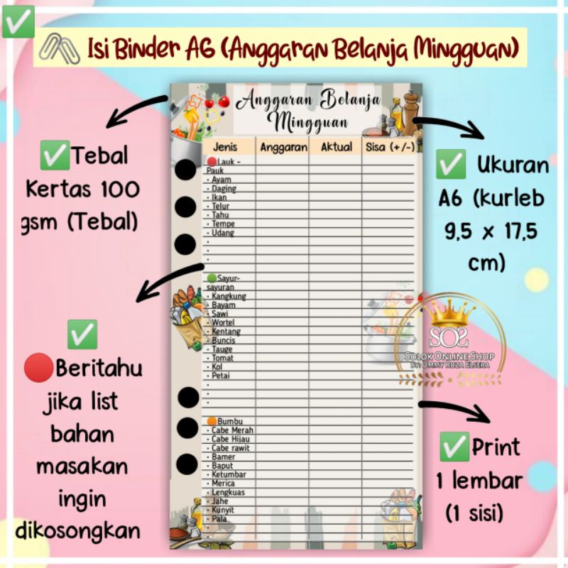 

Anggaran Belanja Mingguan | Kertas Binder A6