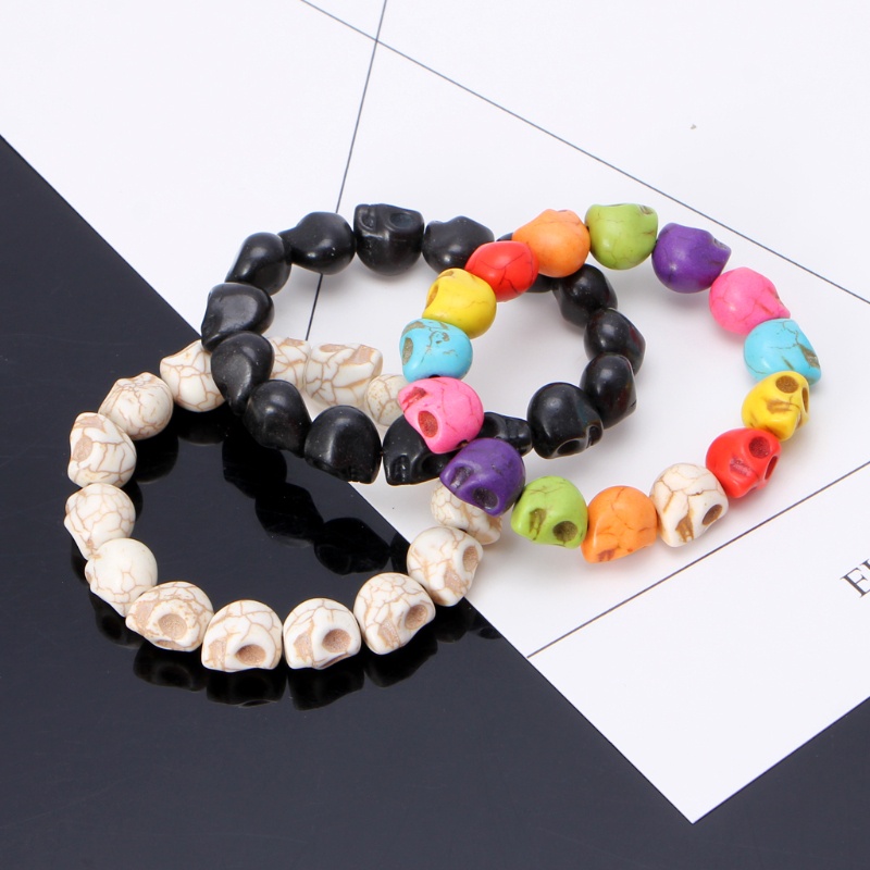 Siy Gelang Manikmanik Beads Bulat Dengan Charm Kepala Tengkorak Tibet Handmade