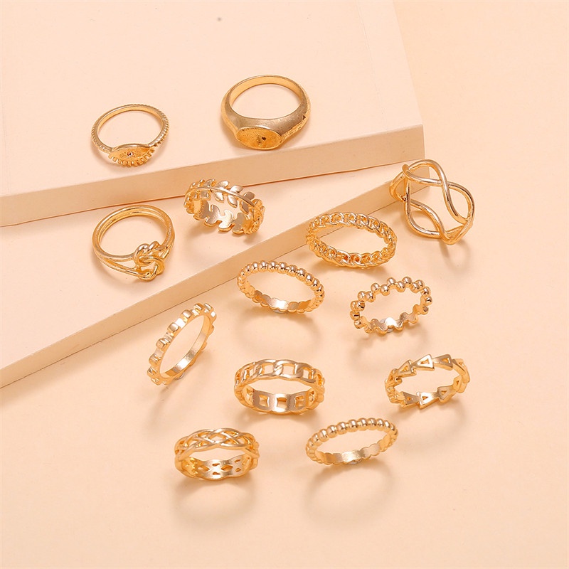 13pcs / Set Cincin Rantai Segel Bentuk Geometrik Daun Mata Iblis 8 Karakter Untuk Wanita