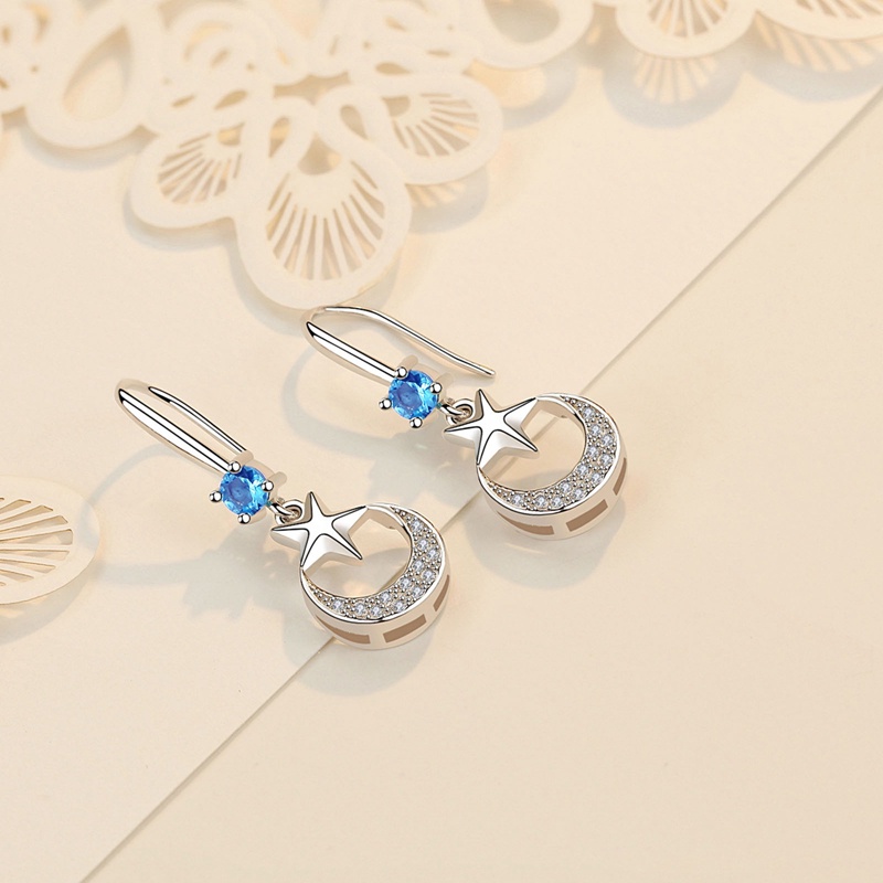 Anting Juntai Bentuk Bulan Bintang Bahan 925 Sterling Silver Untuk Wanita