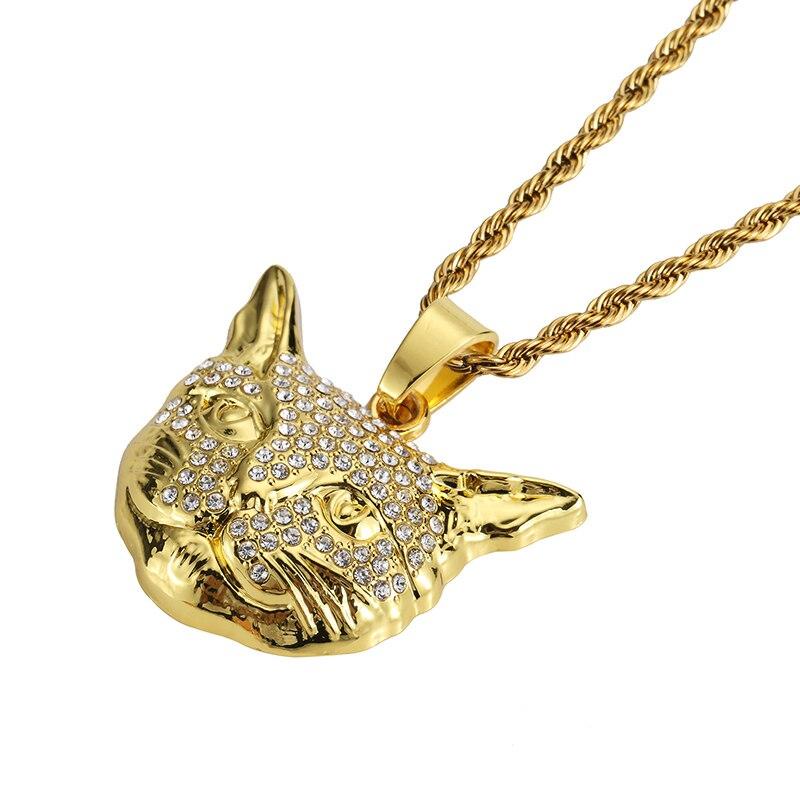 Kalung Rantai Liontin Kepala Kucing Bahan Zirkon Warna Emas Gaya Vintage Untuk Pria Dan Wanita