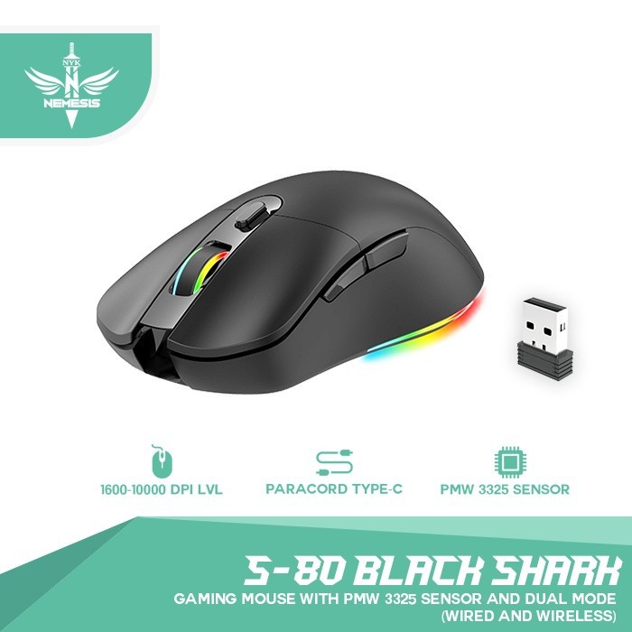 Mouse gaming Nyk wireless wired S80 Rgb Black shark - S-80 blackshark pmw 3325