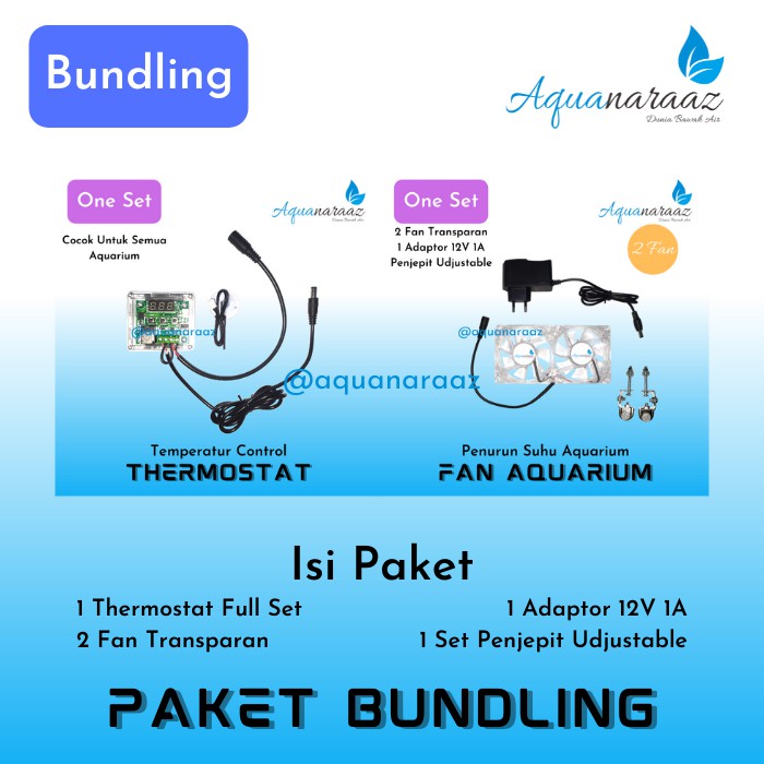 Paket Bundling 2 Fan Aquarium Transparan LED Dan Thermostat DC 12V Fan Aquascape Otomatis Air Laut