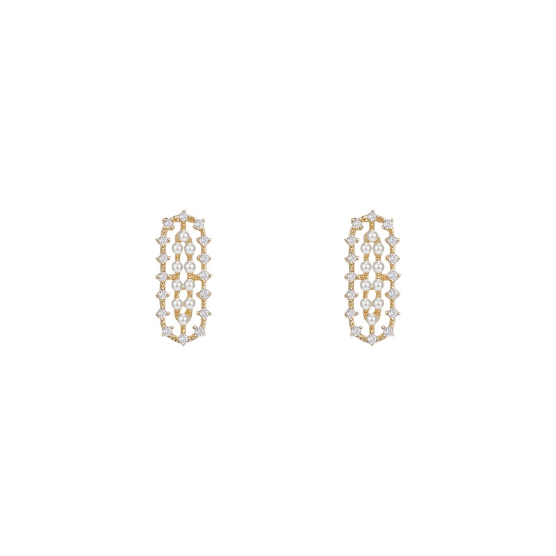 Anting Tusuk Bentuk Geometri Aksen Mutiara Bahan 925 silver