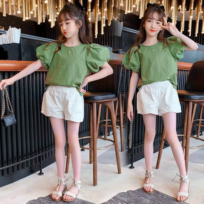 Setelan Anak Perempuan Shoulder Puff Sage Green