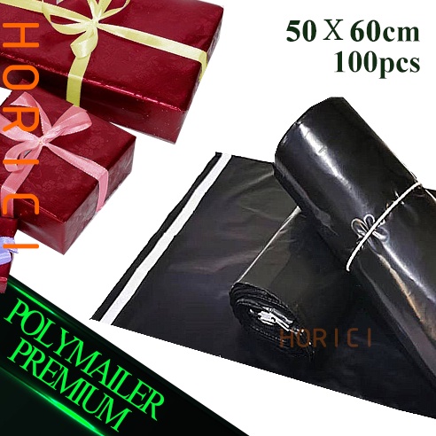 Plastik Packing Olshop PE Polymailer 50x60cm Lem Perekat Isi 100pcs Anti Plong Hitam Glossy Tebal