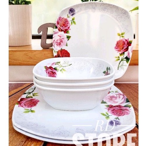 PROMO 6.PCS ISI 3.PIRING KOTAK SAJI 3.PCS MANGKOK KOTAK MOTIF ROSE BAHAN MELAMINE WARE TEBAL ANTI PANAS