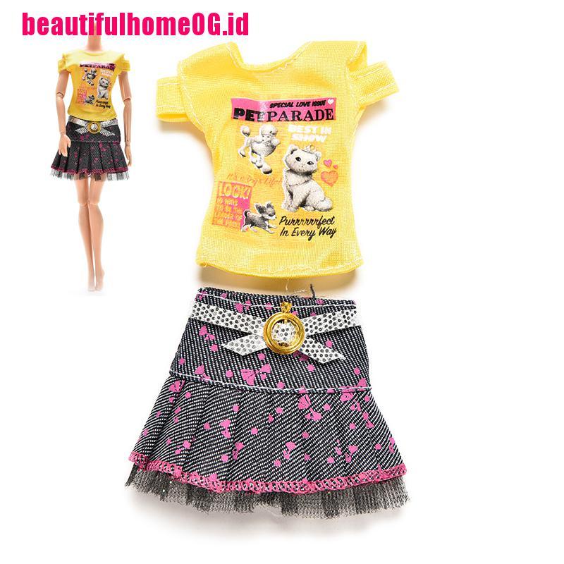 2pcs / set Kaos T-Shirt Lengan Pendek + Rok Mini Untuk Boneka Barbie