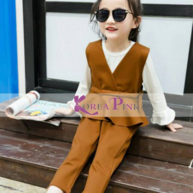 Baju anak perempuan Korea pink 3-in-1 brown outer set