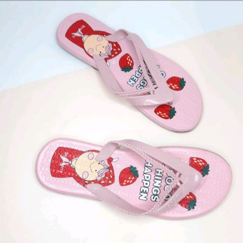 sandal jepit wanita karet boloni strawberry