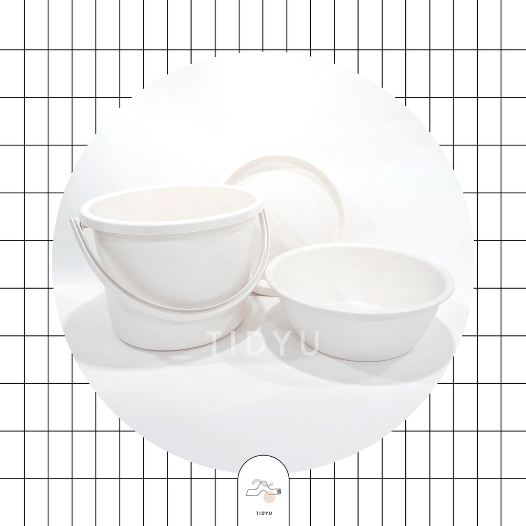 TIDYU White Bucket with Lid &amp; Basin | Ember Putih Dengan Tutup Dan Baskom