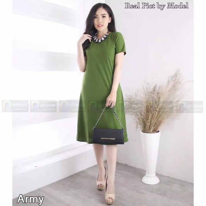 Midi Dress Bawah Lutut Polos Basic Kaos Adem Lengan Pendek XL Jumbo - Hitam, L(Y6C7) maxi dress gami