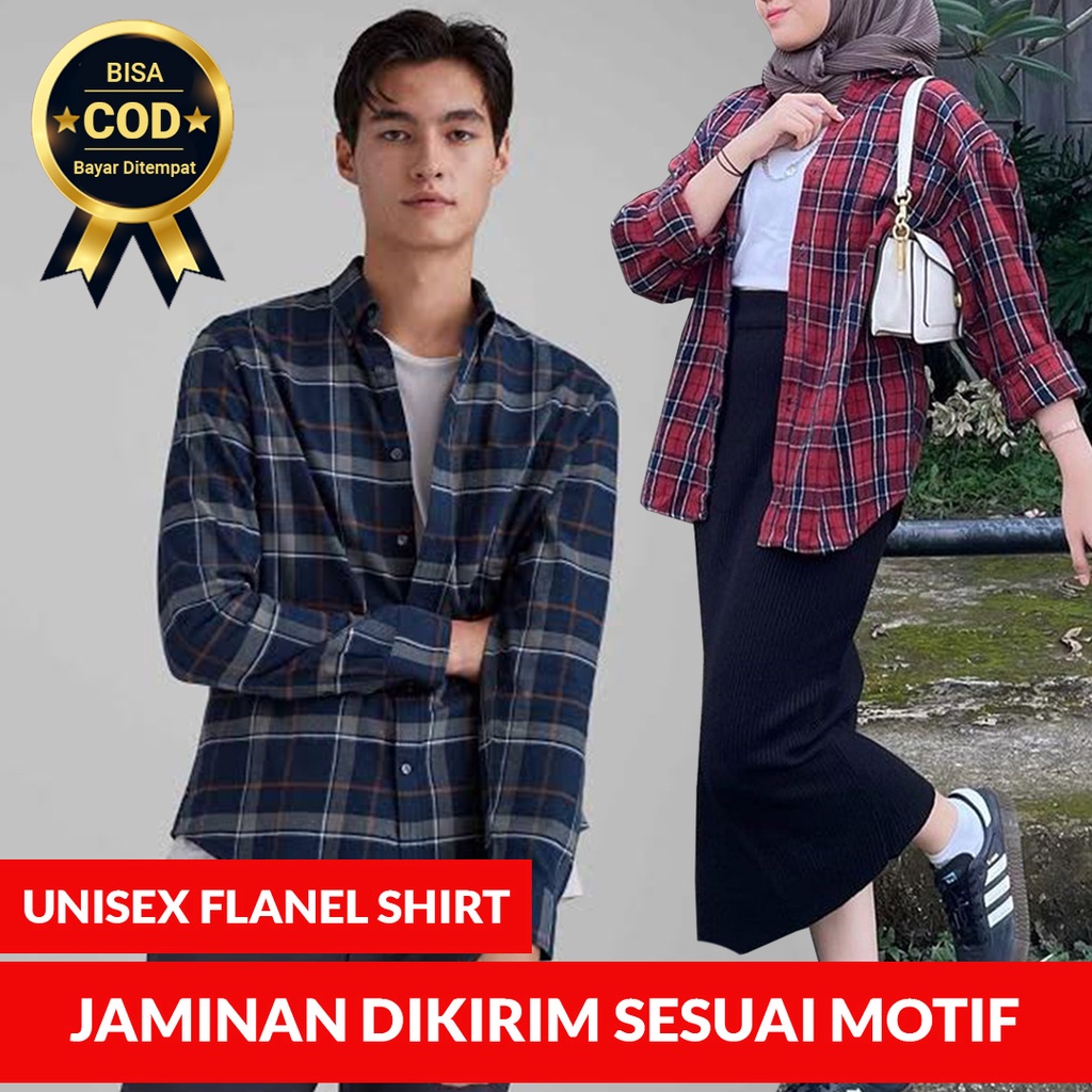 Kemeja Flanel Wanita Pria Unisex Kasual Lengan Panjang Kotak Flannel Import Original