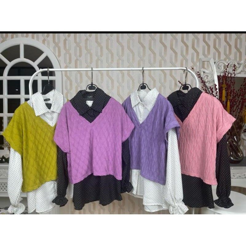 Kemeja Atasan Set Outer Vest Rompi Motif Polkadot Meijiwang Meijiewang (Uptofemale Uptofemalefashion
