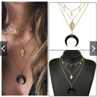 TBI Kalung Choker Necklace Import Chain Layer Rantai Susun Liontin Black