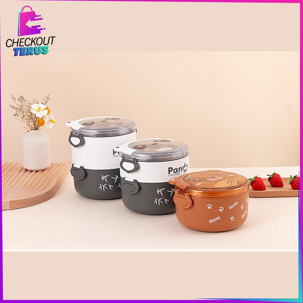 CT C690 Kotak Bekal Anti Tumpah Portable Set BPA FREE Lunch Box Set Bulat 2 Tingkat Motif Panda Beruang Lucu Dengan Sendok