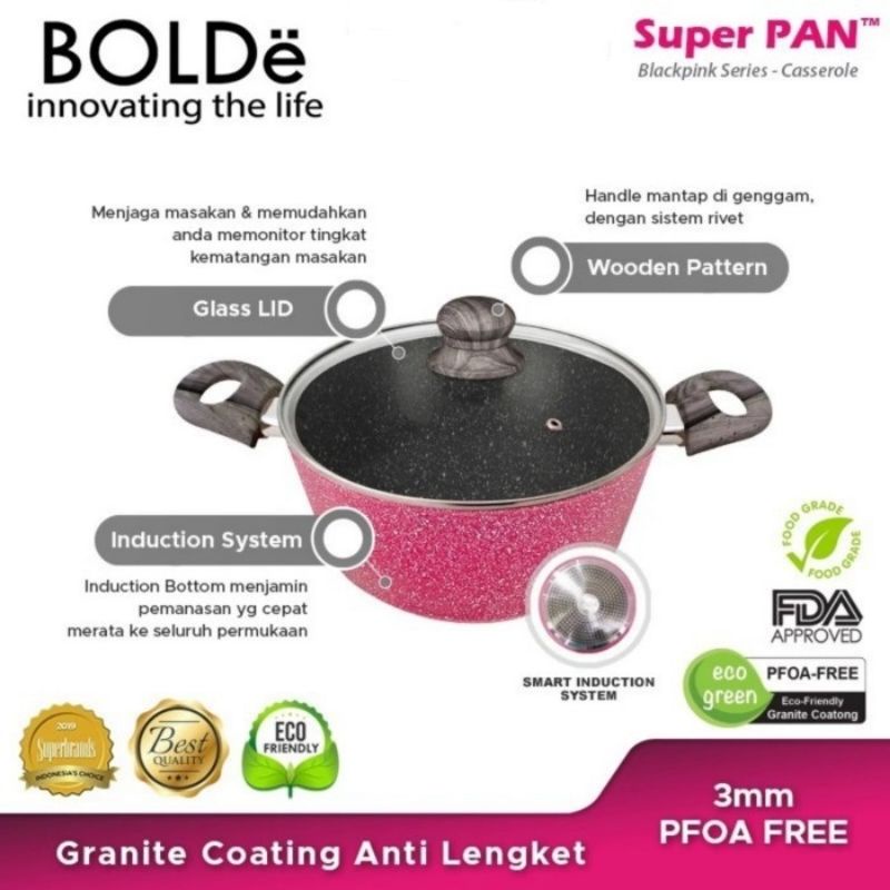 Bolde Super Pan / Penggorengan Casserole 24cm Anti Lengket Granite Coating + Tutup Kaca