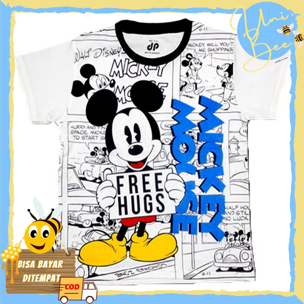 Kaos Anak Kartun Mickey Mouse Free Hug Putih 1-10 tahun
