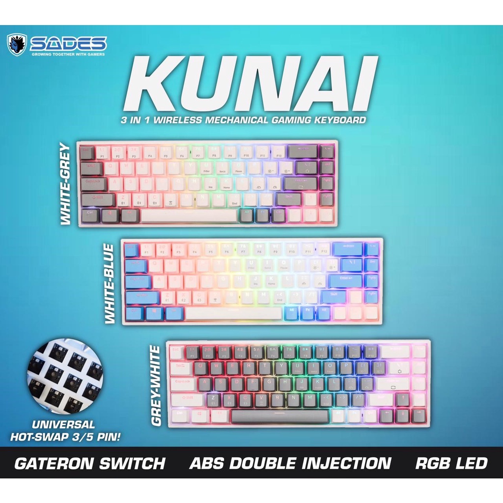 SADES KUNAI 3 IN 1 WIRELESS GATERON HOTSWAP MECHANICAL GAMING KEYBOARD