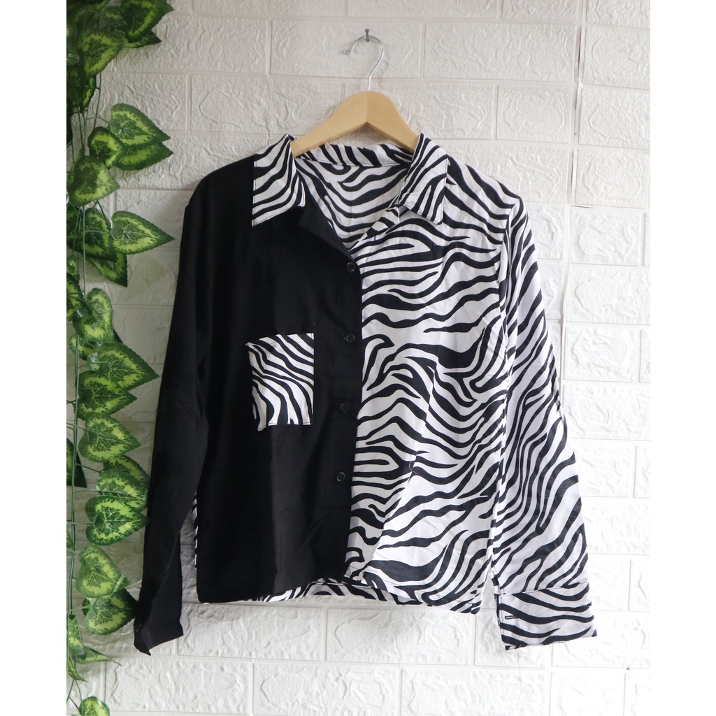 Baju Kemeja Wanita Two Tone Animal Kekinian / Kemeja dua warna / Top Wanita / Atasan Wanita-Zebra putih panjang
