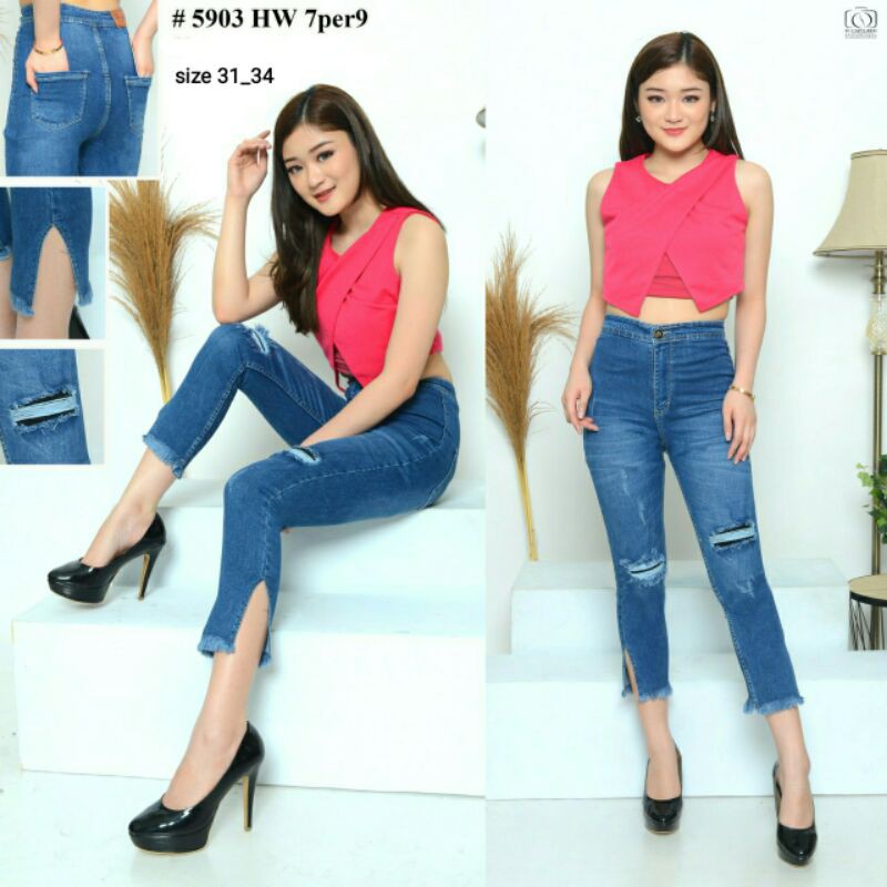 ARE_Celana Jeans Wanita/Cewek HighWaist Jumbo 7/9 Sobek Lapis Tidak Tembus Belah Samping Kaki Rawis