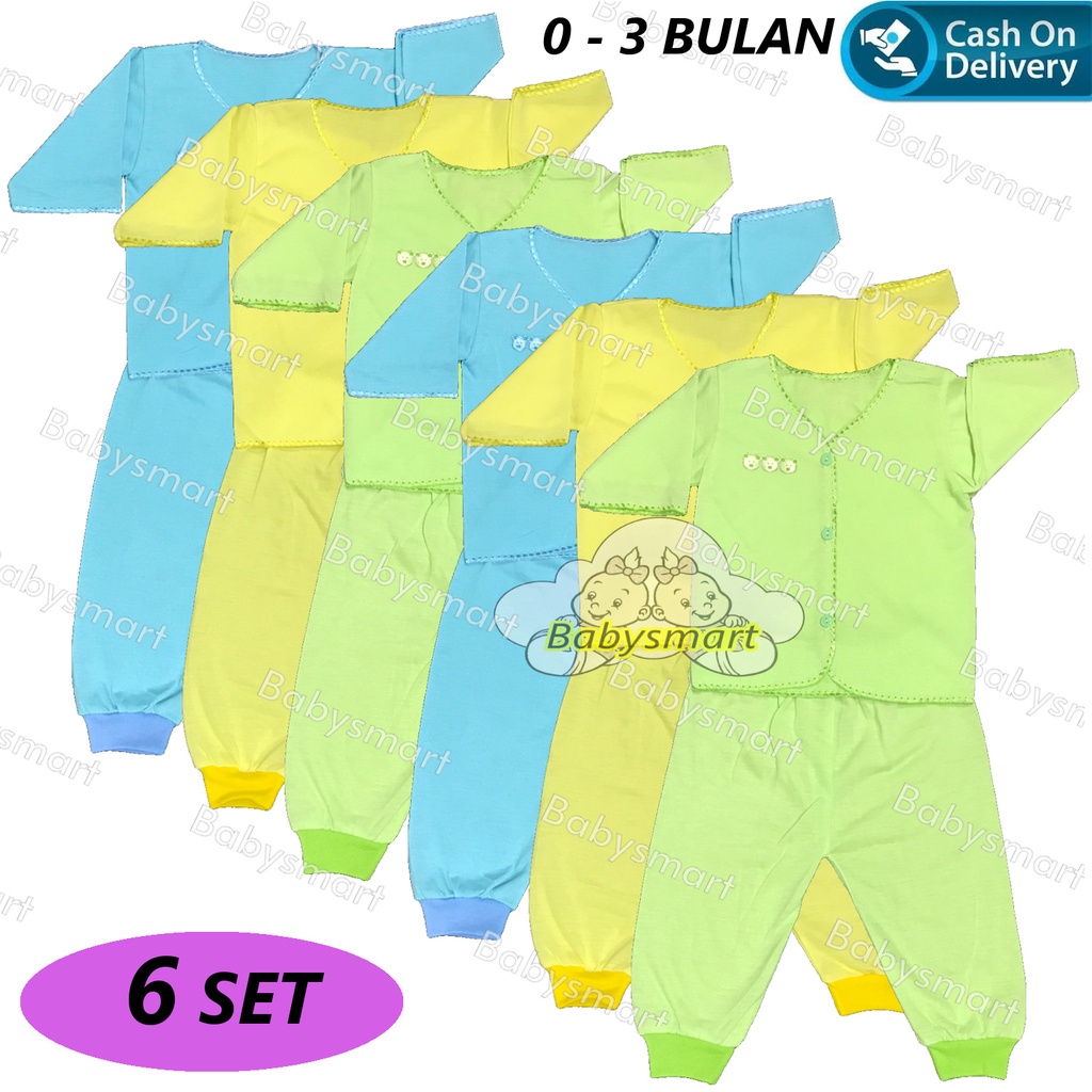 Babysmart - 6 SET Setelan Baju Bayi Panjang+Celana Panjang Polos WARNA umur 0-3 bulan/baju anak laki-laki/perempuan BOY/GIRL